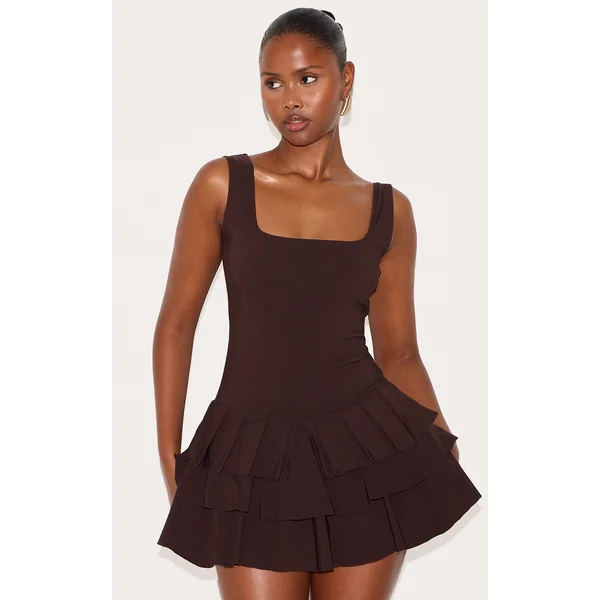 Chocolate Stretch Woven Pleated Skort Romper