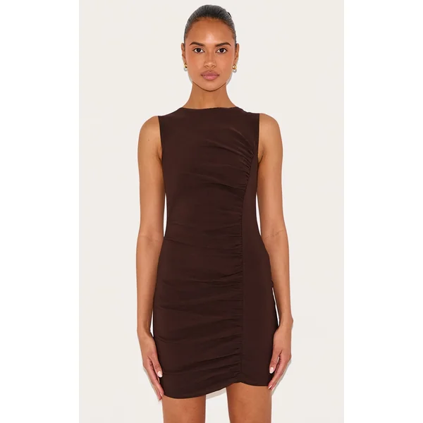 Chocolate Stretch Woven Ruched Bodycon Dress
