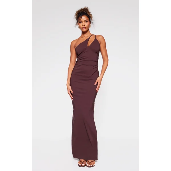 Chocolate Stretch Woven Strappy Asymmetric Cup Midaxi Dress