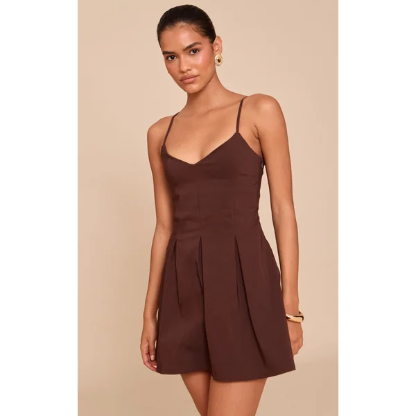 Chocolate Stretch Woven Strappy Pleated Shift Dress