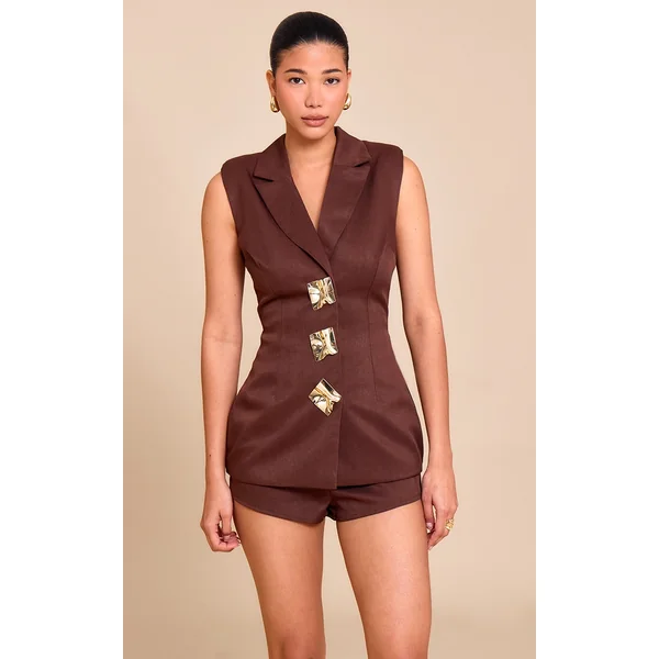 Chocolate Structured Woven Shoulder Padded Skort Romper