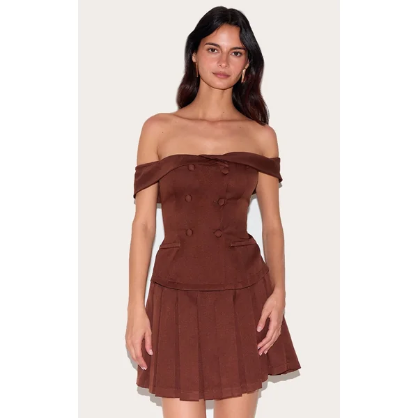 Chocolate Tailored Button Detail Bardot Pleated Skort Romper