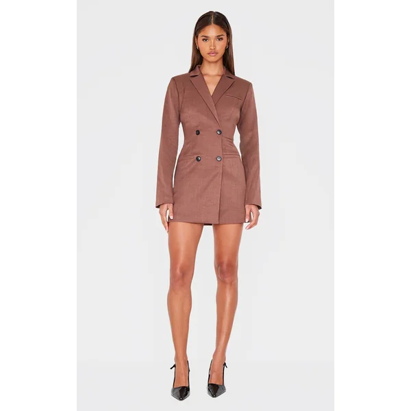 Chocolate Tailored Long Sleeve Cinched Waist Blazer Dress
