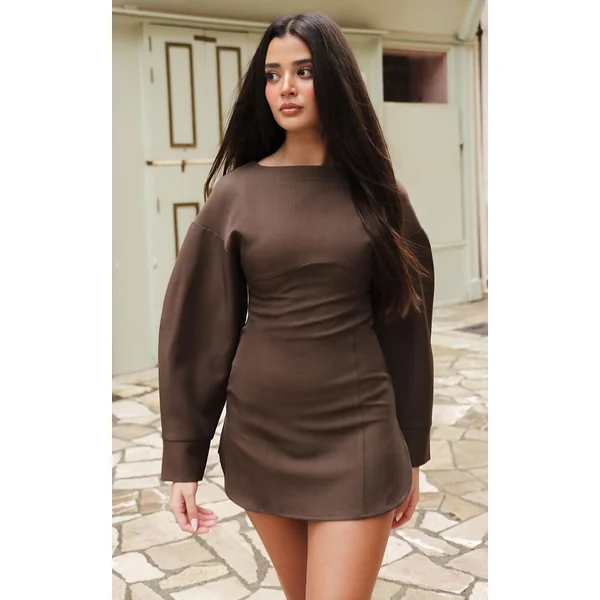 Chocolate Tailored Long Sleeve Shift Dress