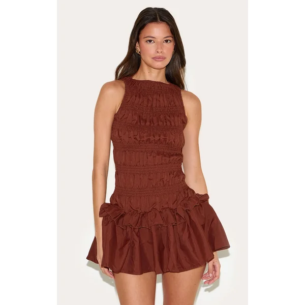Chocolate Tailored Shirred Frill Shift Dress