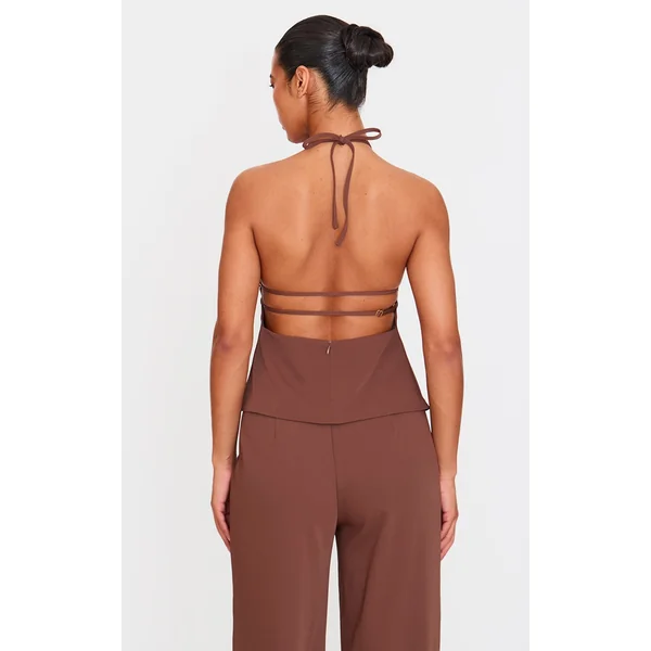 Chocolate Tailored Woven Open Back Long Line Top