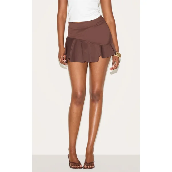 Chocolate Tailored Woven Scalloped Edge Mini Skirt