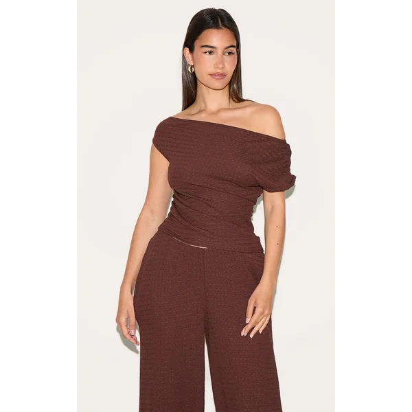 Chocolate Textured Asymmetric Off Shoulder Top