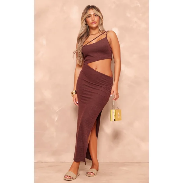 Chocolate Textured Asymmetric Strappy Cut Out Midaxi Dress