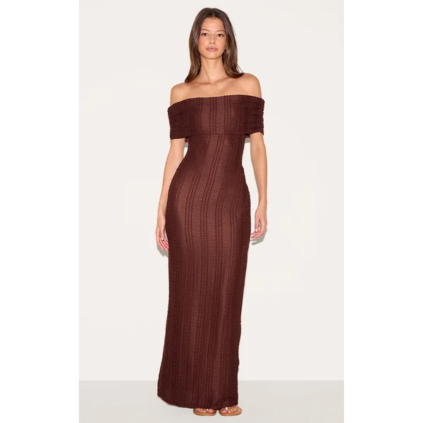 Chocolate Textured Bardot Maxi Dress