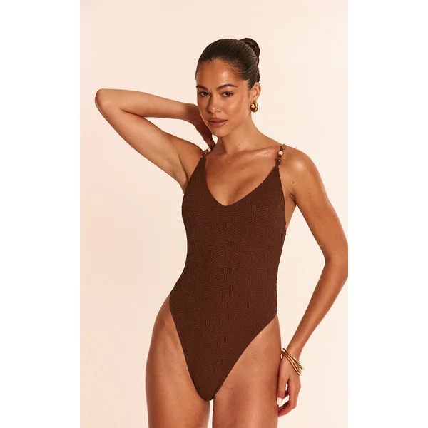 Chocolate Textured Bead Trim Plunge Swimsuit