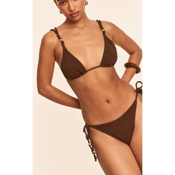 Chocolate Textured Bead Trim Tie Side Bikini Bottoms