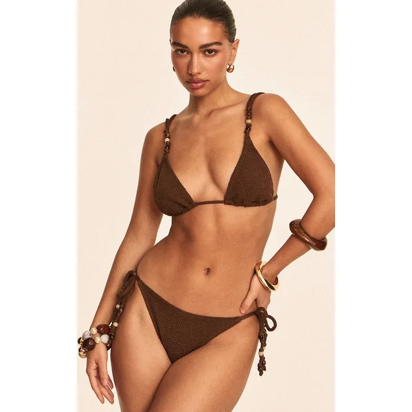 Chocolate Textured Bead Trim Triangle Bikini Top