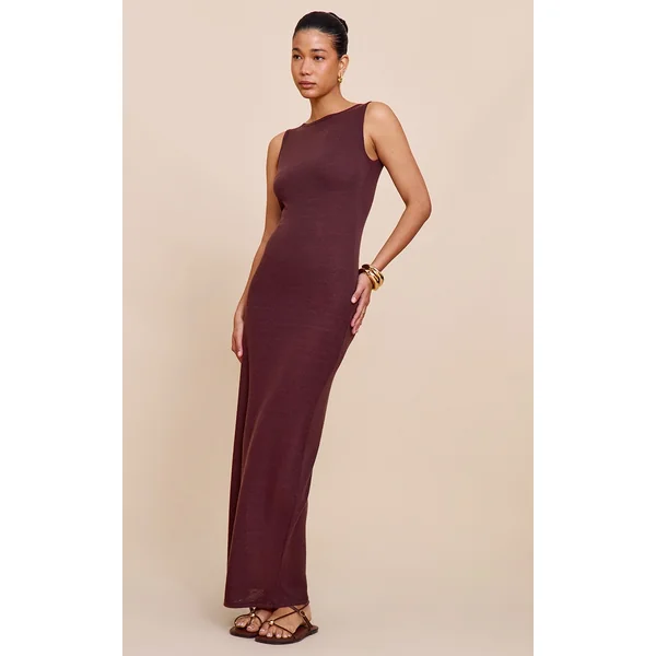 Chocolate Textured Boat Neck Sleeveless Maxi Dress
