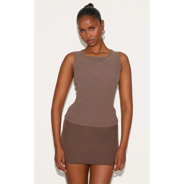 Chocolate Textured Boat Neck Sleeveless Top