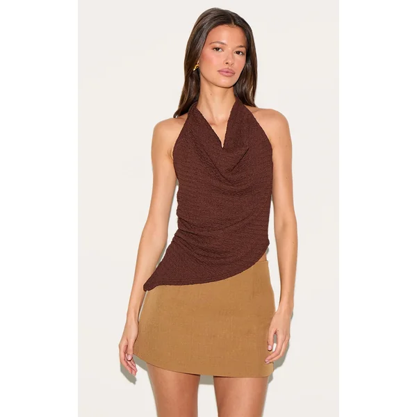 Chocolate Textured Cowl Neck Asymmetric Hem Long Top