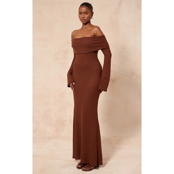 Chocolate Textured Extreme Bardot Long Sleeve Maxi Dress