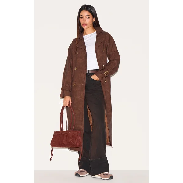 Chocolate Textured Faux Leather Trench Coat