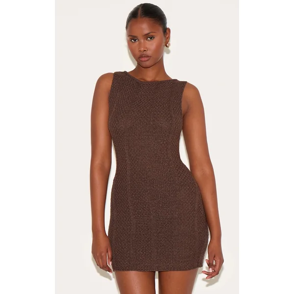 Chocolate Textured Filigree Knit Boat Neck Mini Dress