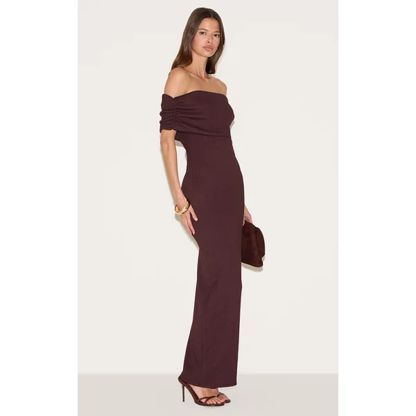 Chocolate Textured Fold Over Bardot Maxi Dress