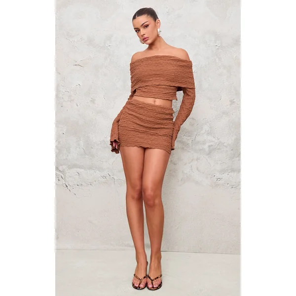 Chocolate Textured Fold Over Mini Skirt