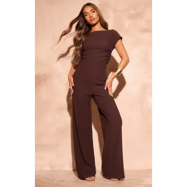 Chocolate Textured Jersey Boat Neck Jumpsuit