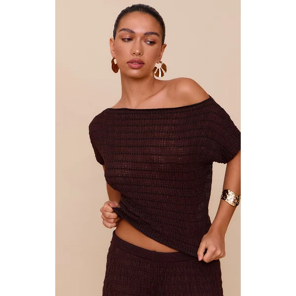 Chocolate Textured Knit Off The Shoulder Top