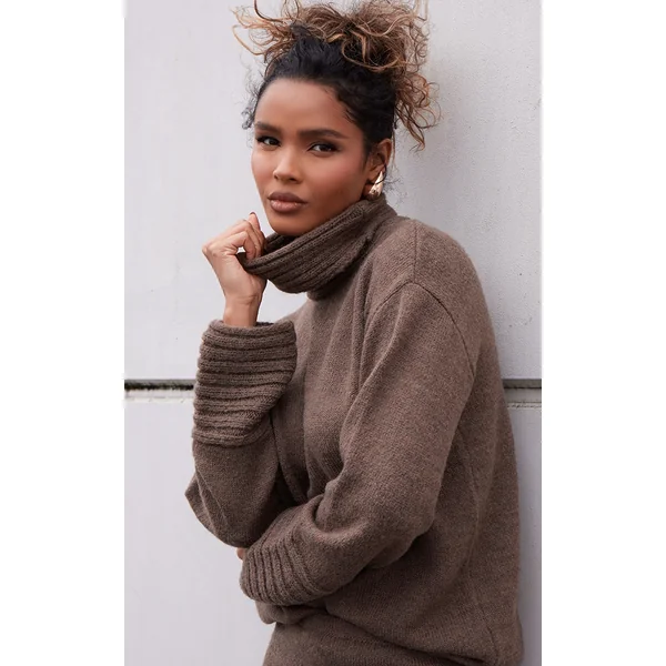 Chocolate Textured Knit Roll Neck Oversized Sweater