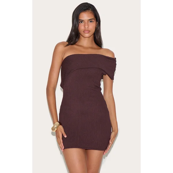 Chocolate Textured One Shoulder Bardot Bodycon Dress
