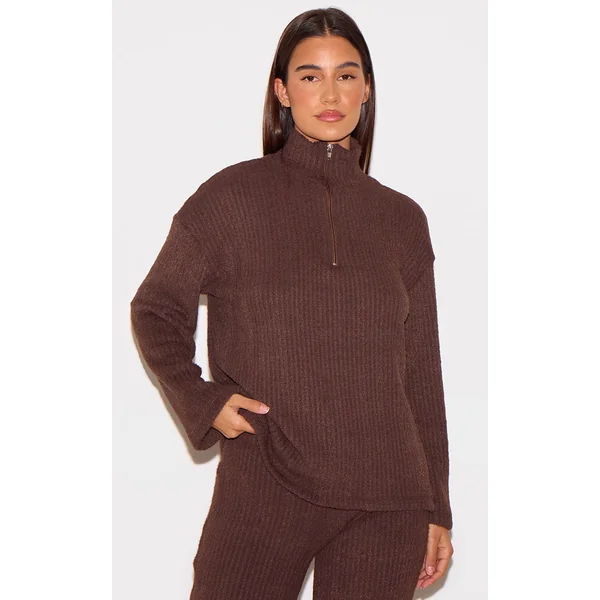 Chocolate Textured Soft Rib Half Zip High Neck Oversized Long Top