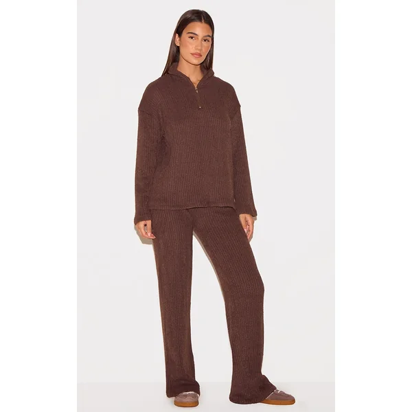 Chocolate Textured Soft Rib Mid Rise Straight Leg Pants