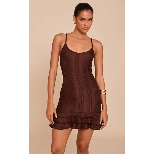Chocolate Textured Strappy Frill Hem Bodycon Dress