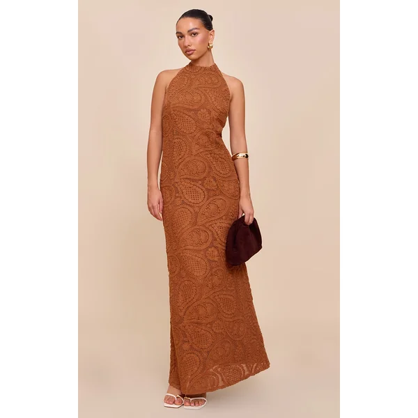 Chocolate Textured Strappy Low Back Maxi Dress