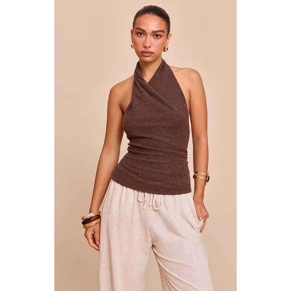 Chocolate Textured Twisted Halter Neck Long Top