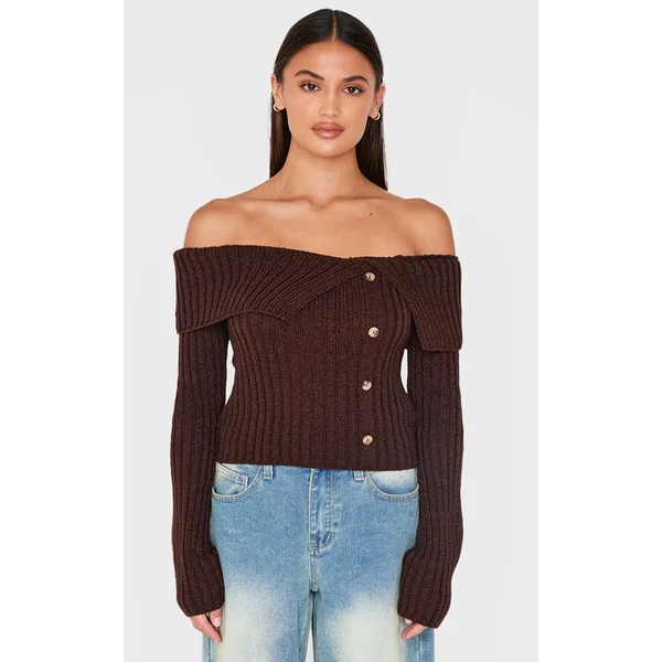 Chocolate Thick Rib Bardot Foldover Button Up Top