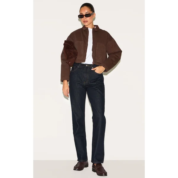 Chocolate Twill Contrast Collar Cropped Jacket
