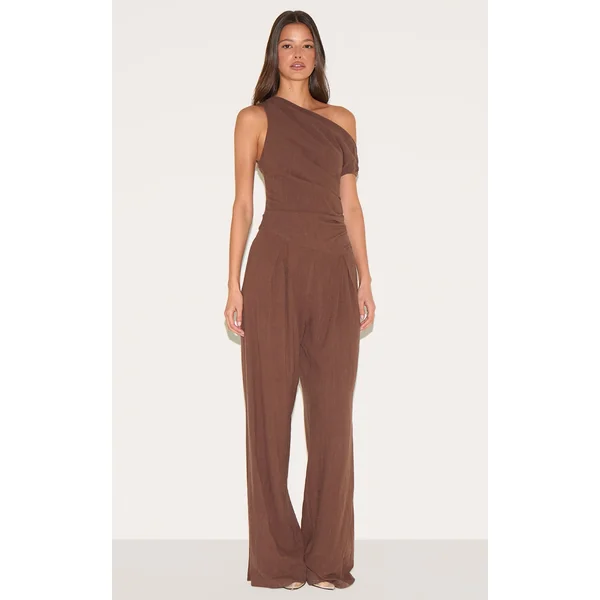 Chocolate Twist Sleeve Linen Ruched One Sleeve Jumpsuit