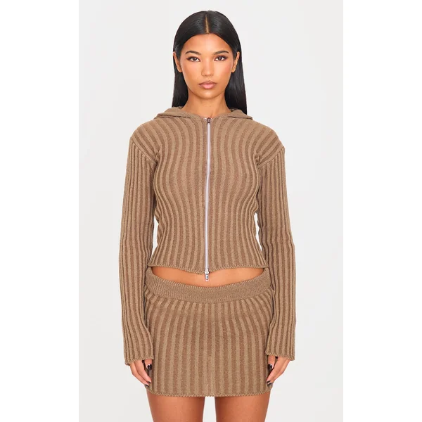 Chocolate Two Tone Knitted Zip Up Cardigan