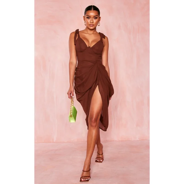 Chocolate Underwire Detail Draped Midi Dress