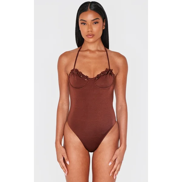 Chocolate Underwired Laced Cup Swimsuit