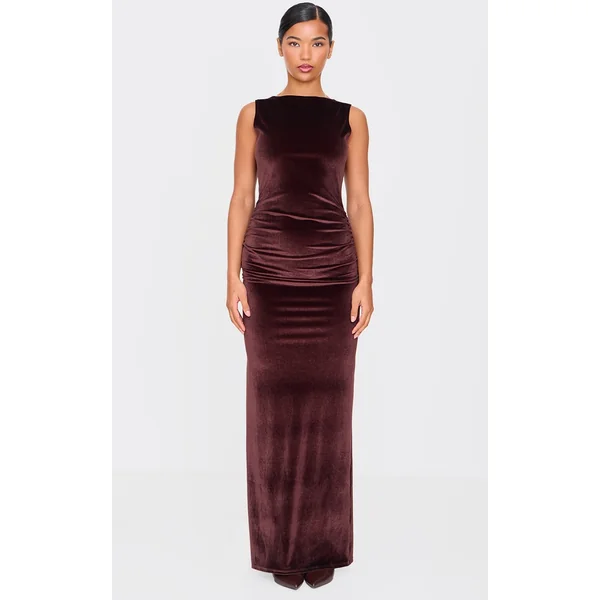 Chocolate Velvet Boat Neck Maxi Dress