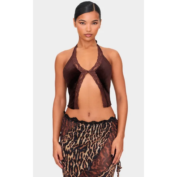 Chocolate Velvet Lace Split Hem Crop Top