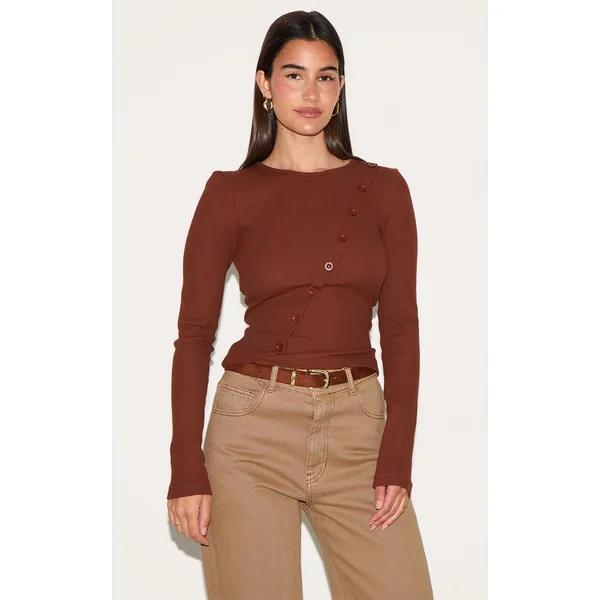 Chocolate Waffle Asymmetric Button Up Long Sleeve Top