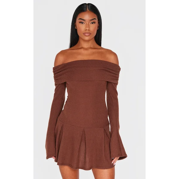Chocolate Waffle Textured Bardot Pleated Shift Dress