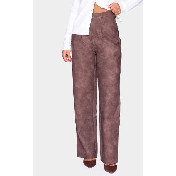 Chocolate Washed Faux Leather Dart Pocket Straight Leg Pants