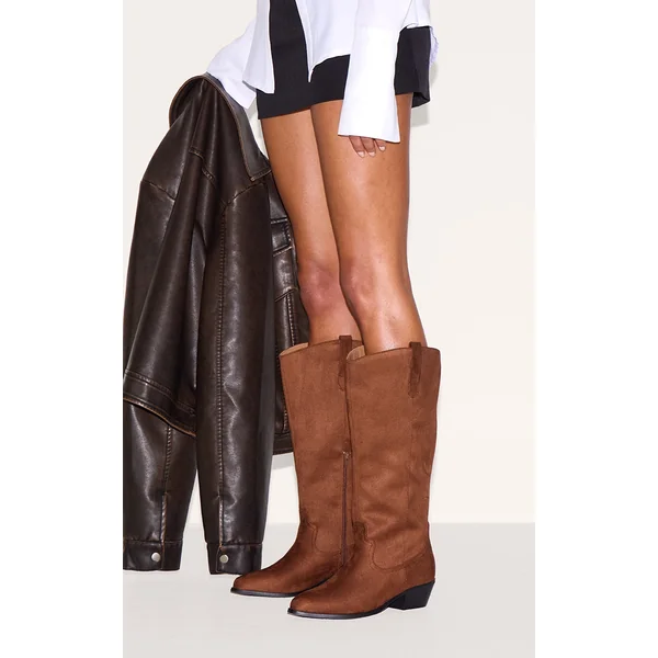 Chocolate Wide Fit Faux Suede Point Toe Knee High Western Boots