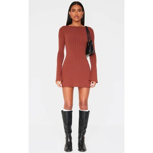 Chocolate Wide Rib Flared Sleeve Shift Dress