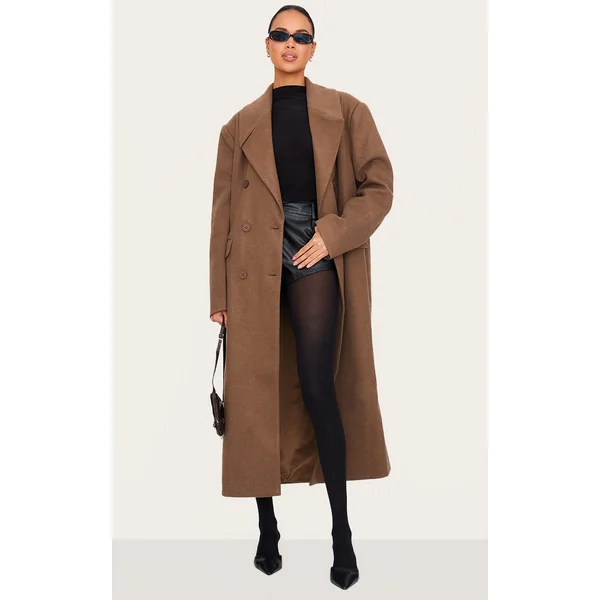Chocolate Wool Look Double Breasted Oversized Maxi Coat
