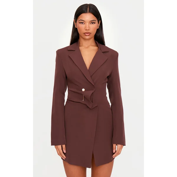 Chocolate Woven Asymmetric Trim Detail Blazer Dress