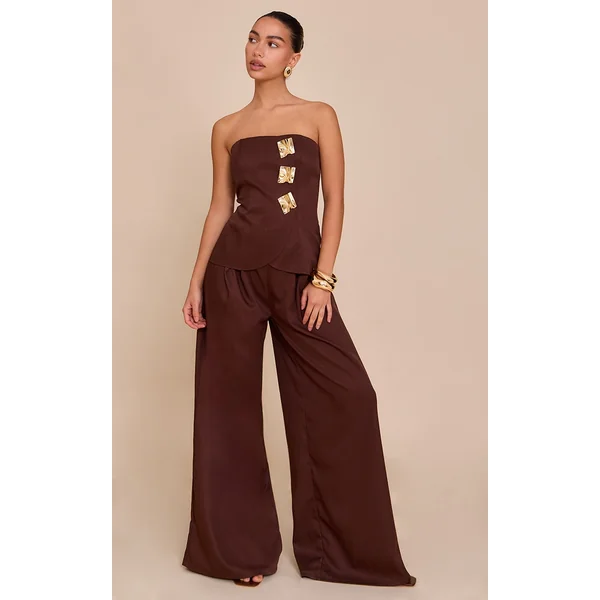 Chocolate Woven Bandeau Trim Detail Straight Leg Jumpsuit